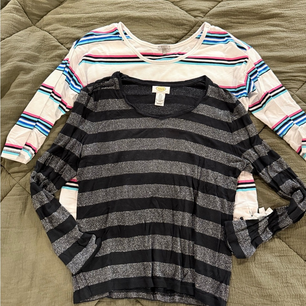 Talbots Lot of 2 Long Sleeve Striped Tees - Black and Multicolor Stripes size XL